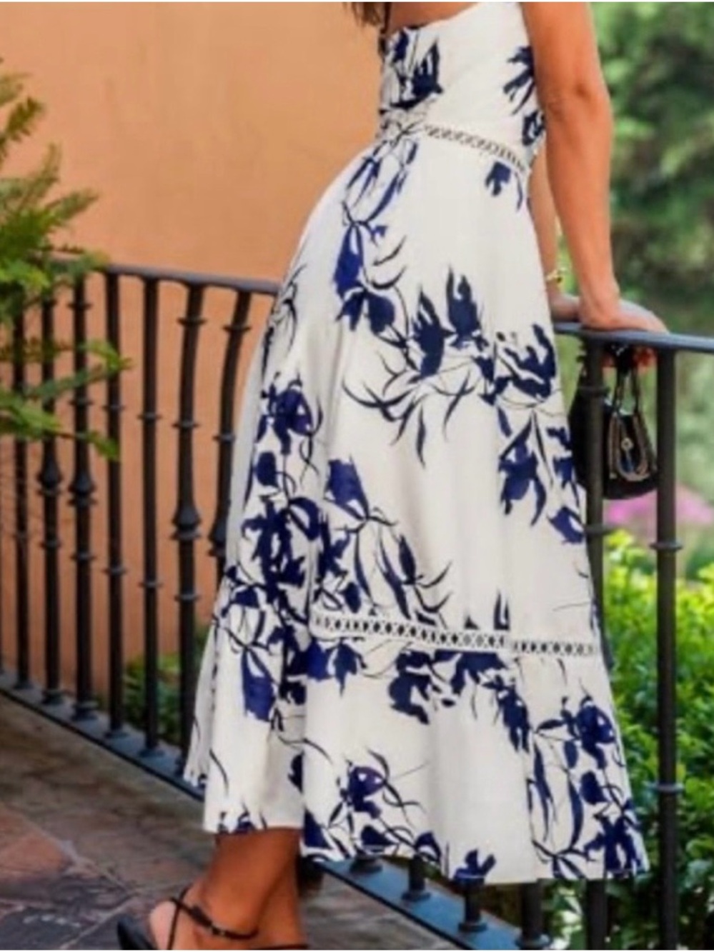 Cupshe White Floral Midi Dress with Navy Blue Print